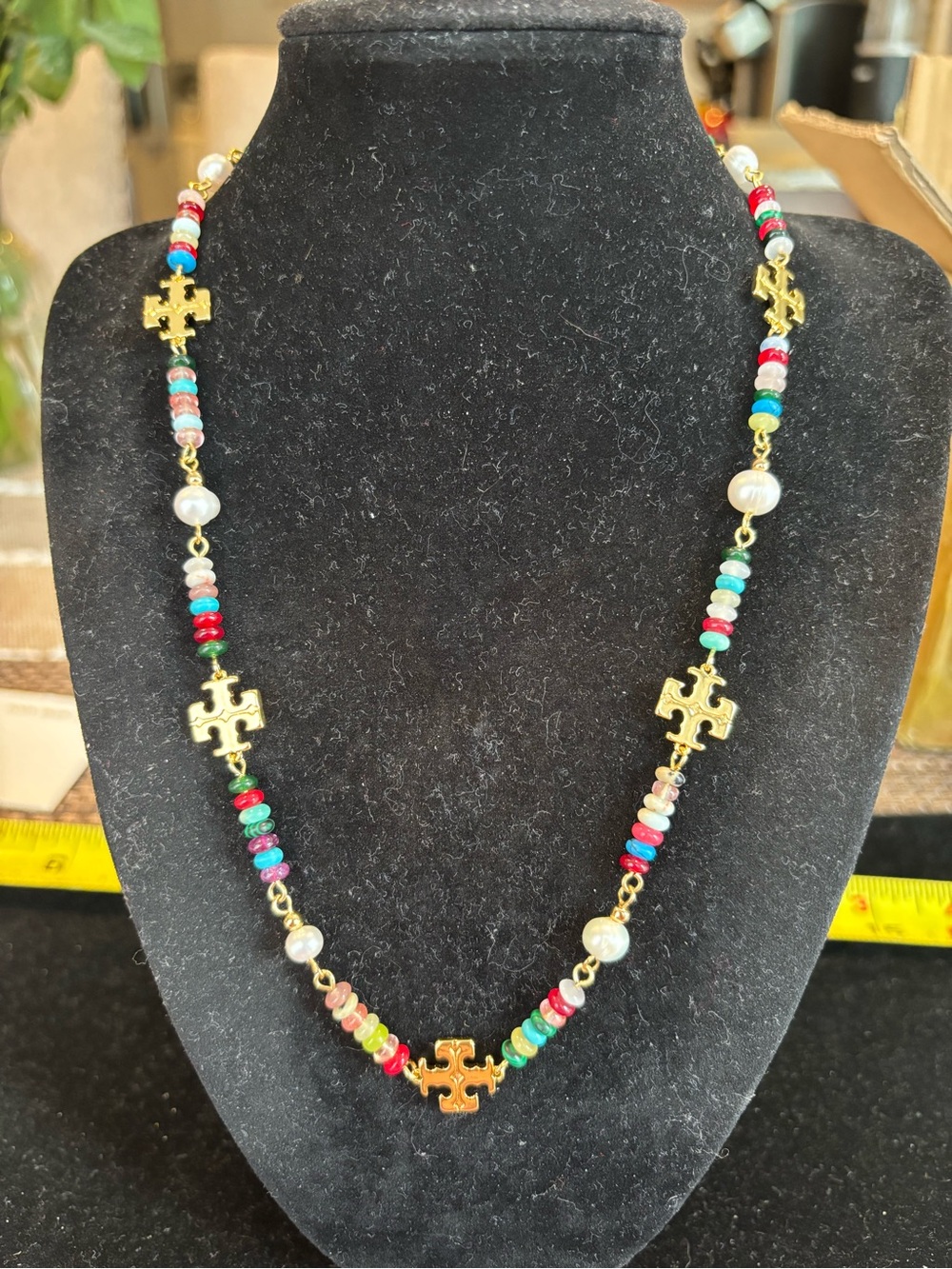 Tory Burch Gold Logo Multicolor Bead Necklace
